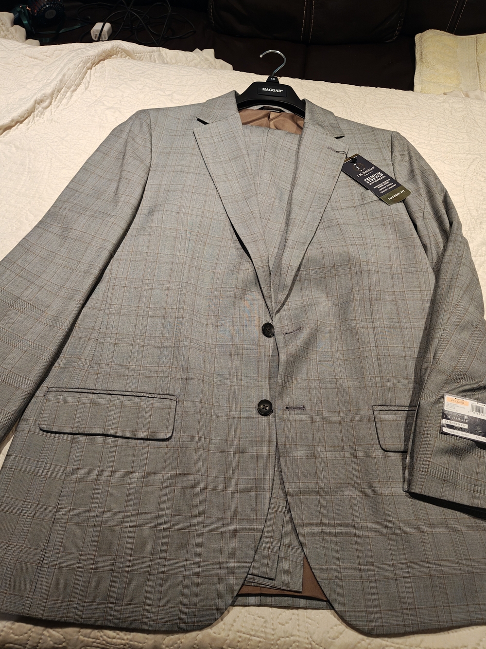 Haggar Light Gray Plaid Two-Button Suit . Jackets 44 L/ Pants 36/29